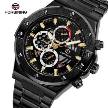 Forsining 169 Racing Men Mechanical Watch Automatic Students Game Run Calendar Glow Hands Black Stainless Steel Clock Fashion